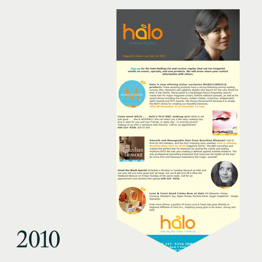 Animation showing the evolutions of email campaigns for a blow dry bar from 2010 to 2025
