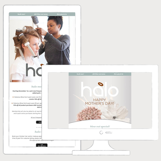 Rebranded Halo Blow Dry Bar email campaign samples