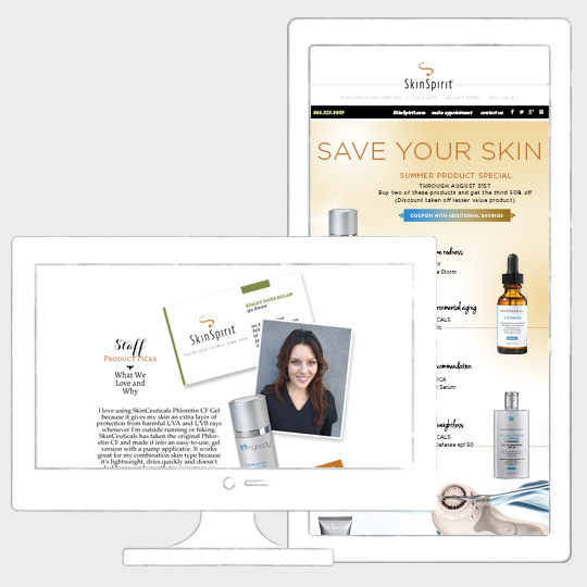 SkinSpirit Medspa email marketing samples showing phone and desktop views