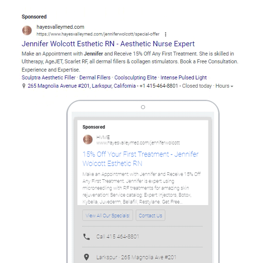 Example of single subject Google ad with location and phone number extensions and how it shows on phone views.